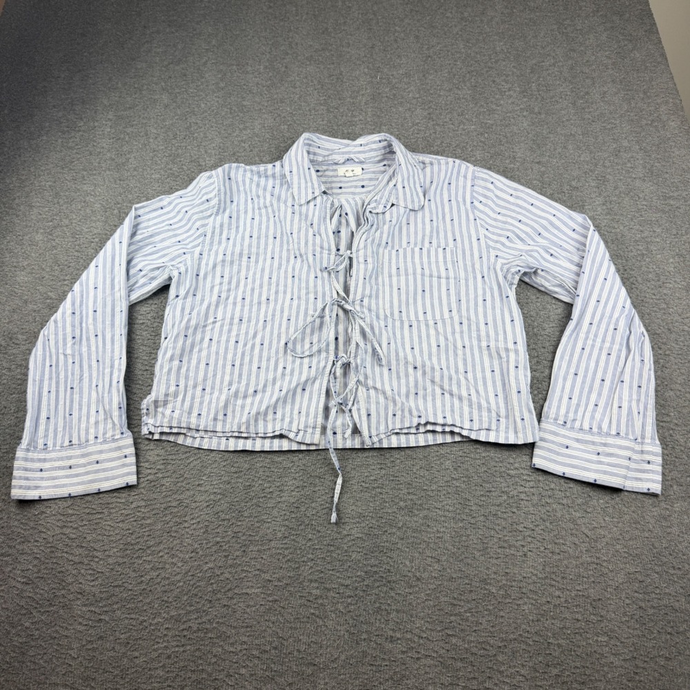 Aerie Tie Front Top Women's Small Blue White Striped Dobby Long Sleeve